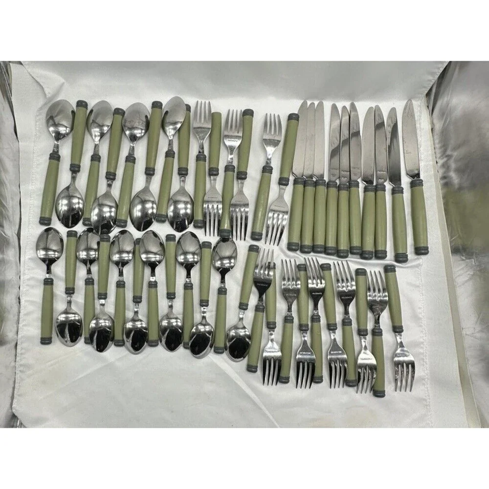 Pfaltzgraff SPHERE Stainless Plastic Charcoal Green Flatware Set Flaws 46 Pieces